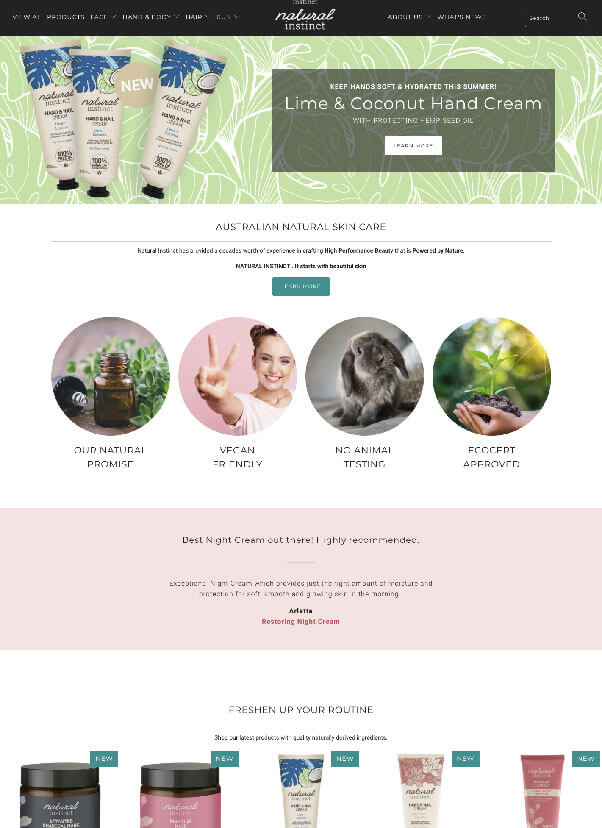 Natural Instincts Skincare Website Screenshot