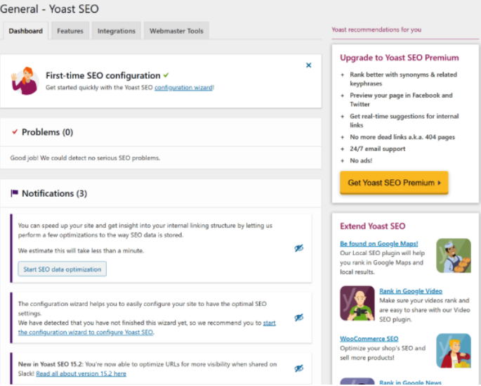 Yoast SEO plugin, SEO configuration page first time